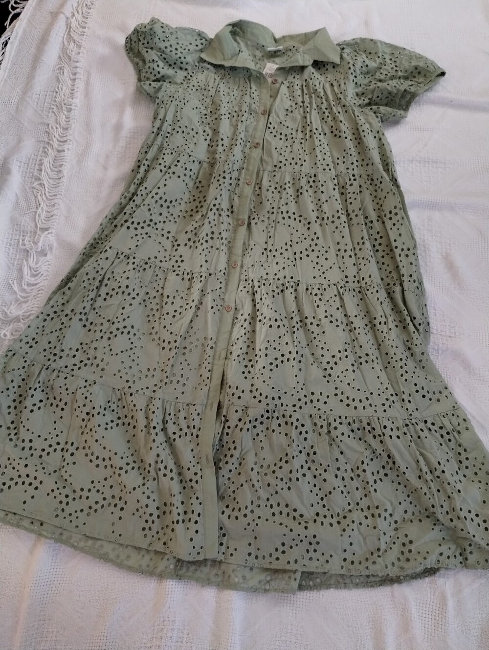 Light Sage Eyelet Button-Front Tiered Maxi Dress
